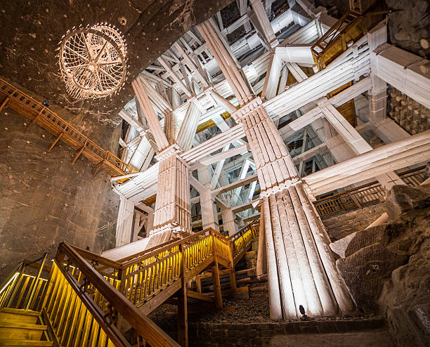 Stairs and pillars in an underground salt mine