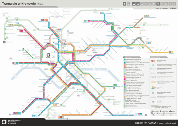 Tram public transport system in Krakow map