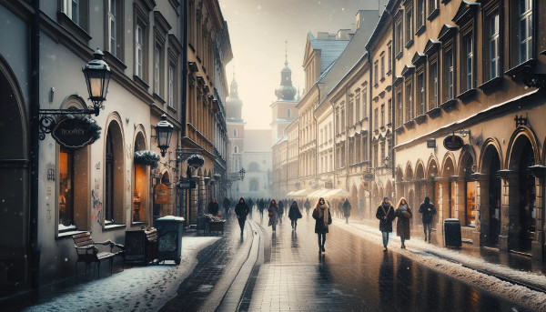 Raining in Krakow during december