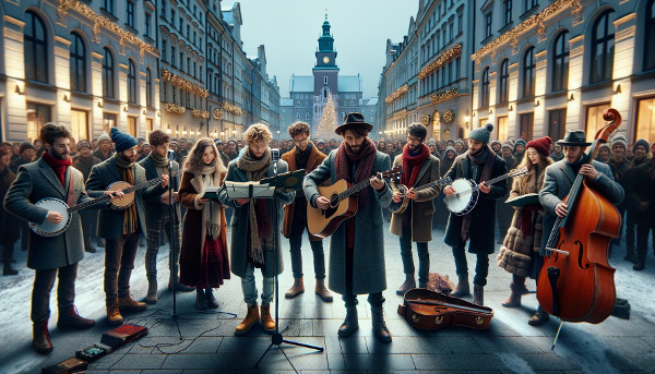 People singing christmas carols and christmas music in Krakow