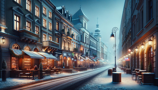 Krakow february winter snow street